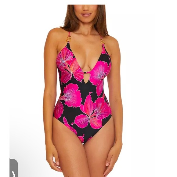 Trina Turk fleury pink black hibiscus flower one piece swimsuit size 14 new - Picture 4 of 14